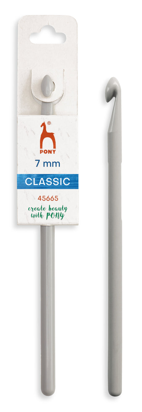 A 7 mm crochet hook in its original white retail packaging, shown alongside the uncapped hook on a plain white background. The hook is silver-colored metal with a curved tip, and the packaging features the brand name 'Pont' and the text '7 mm CLASSIC'.