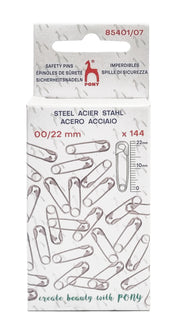 A package of PONY brand safety pins, model 85401/07. The white cardboard box features illustrations of silver safety pins, a printed measurement scale, and the text 'STEEL ACIER STAHL' and '00/22 mm x 144'.