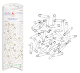 A pack of silver safety pins shown next to their white cardboard packaging on a plain white background.