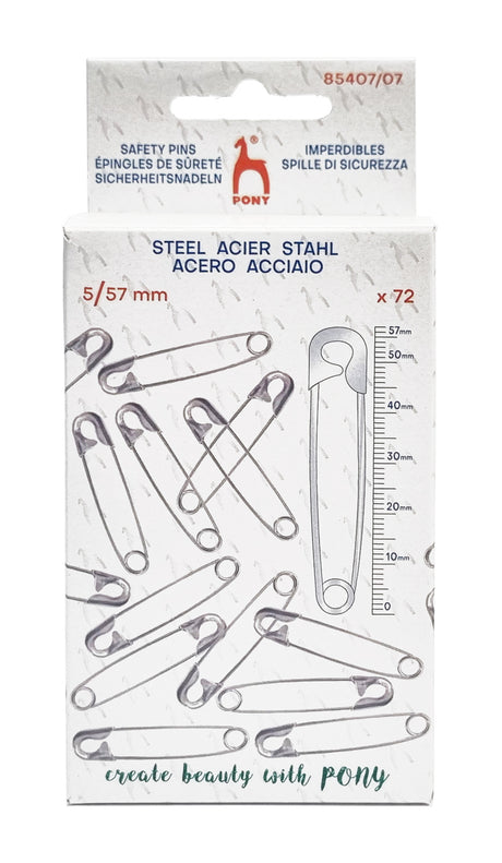 Pack of 72 steel safety pins in size 5/57 mm, shown in its white retail packaging with printed illustrations of the pins and a measurement scale.
