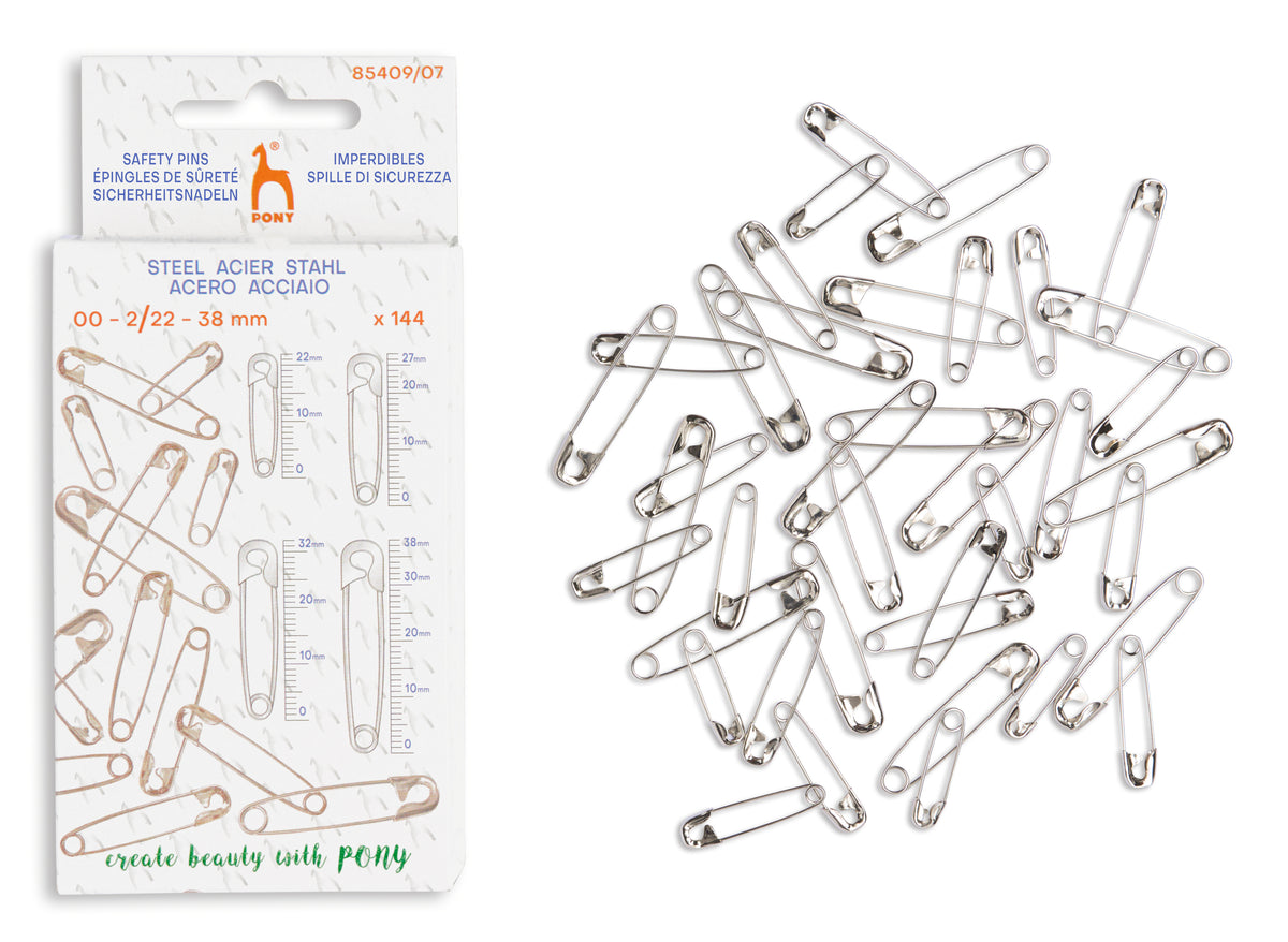 Pack of 144 steel safety pins for sewing, shown next to a pile of the silver-colored metal pins on a white background.
