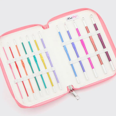 KnitPro Zing Single Ended Crochet Hook Set – Grande (47439) with 12 hooks sizes 2.0-6.0mm, in a pink fabric case
