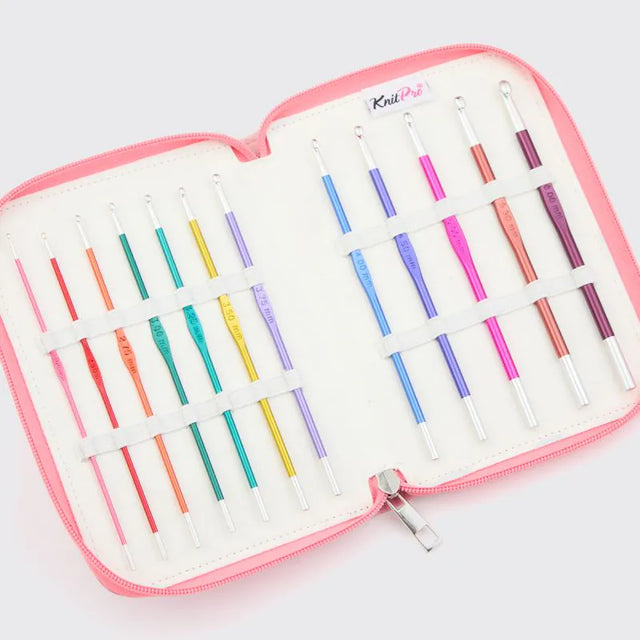 KnitPro Zing Single Ended Crochet Hook Set – Grande (47439) with 12 hooks sizes 2.0-6.0mm, in a pink fabric case