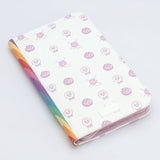 KnitPro Symfonie 2 Normal interchangeable needle set, 13 cm, Grande - A white folio-style tablet case with a repeating pattern of pink yarn balls and sheep, featuring a colorful rainbow stripe along the left edge and a light pink zipper.