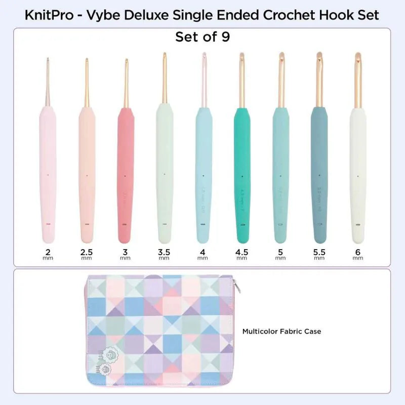 KnitPro VYBE Deluxe ergonomic crochet hook set with 9 hooks and fabric case